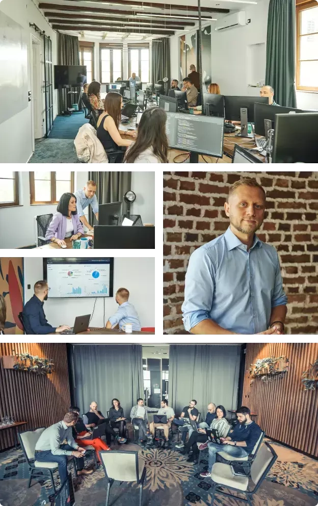 A collage of images depicting Trafft development and marketing teams working hard on improving Trafft booking system