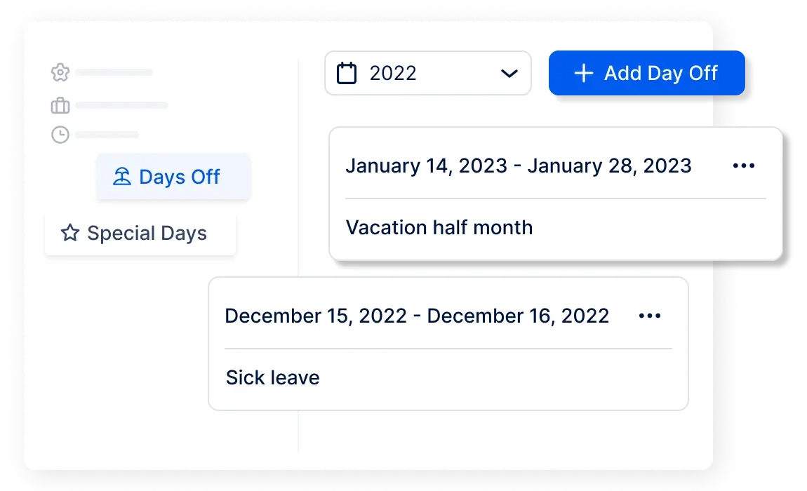A photo showing options in Trafft to add days off and special days for employees