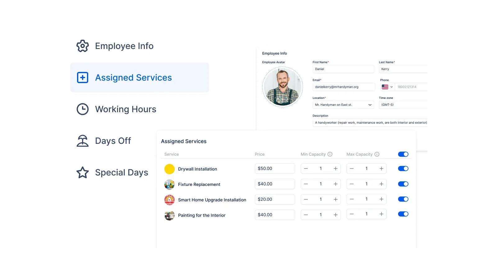 A photo showing employee’s profile and assigned services in Trafft booking software