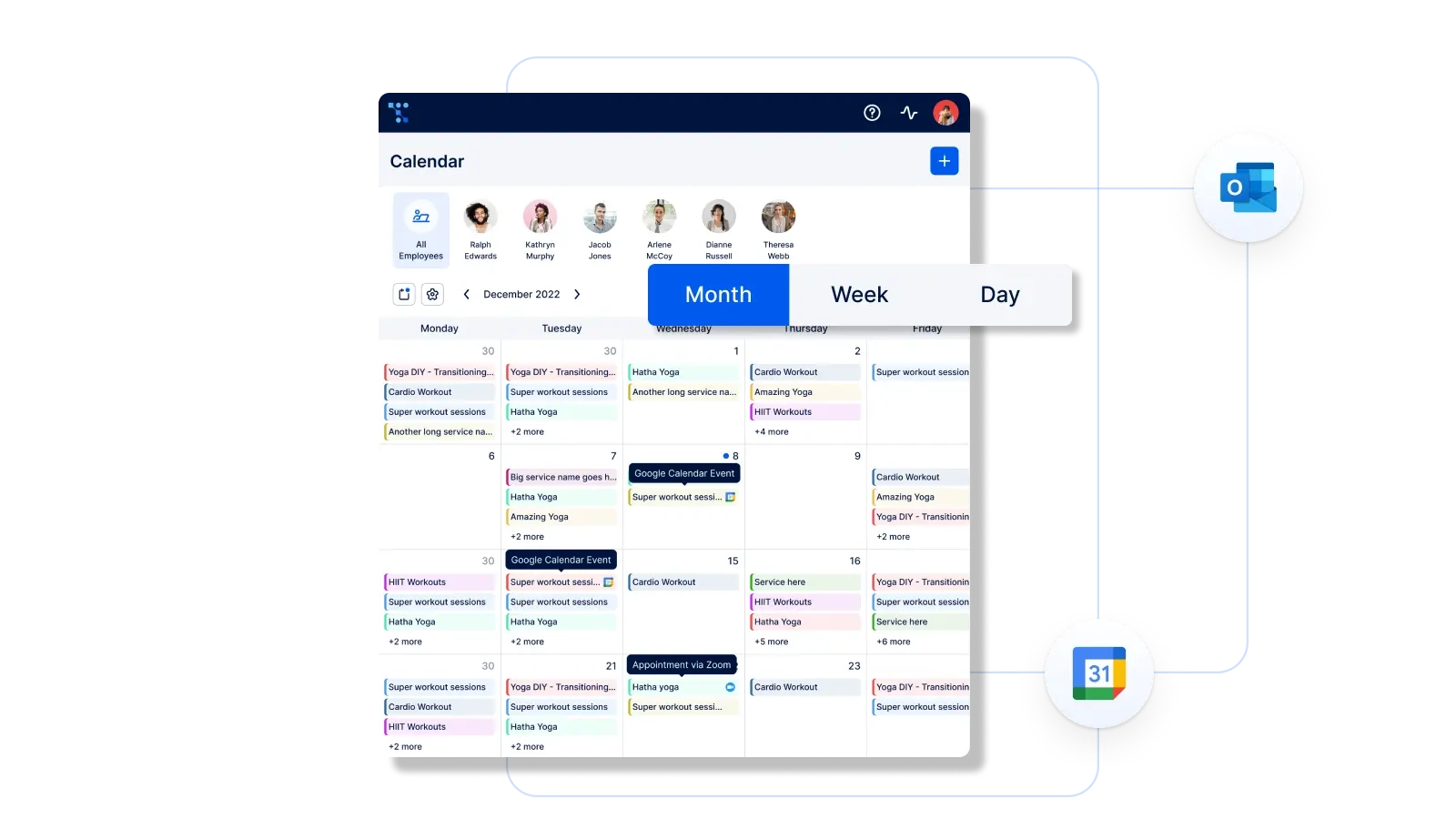 A photo showing Trafft’s calendar with all booked appointments and integrations with Outlook Calendar and Google Calendar