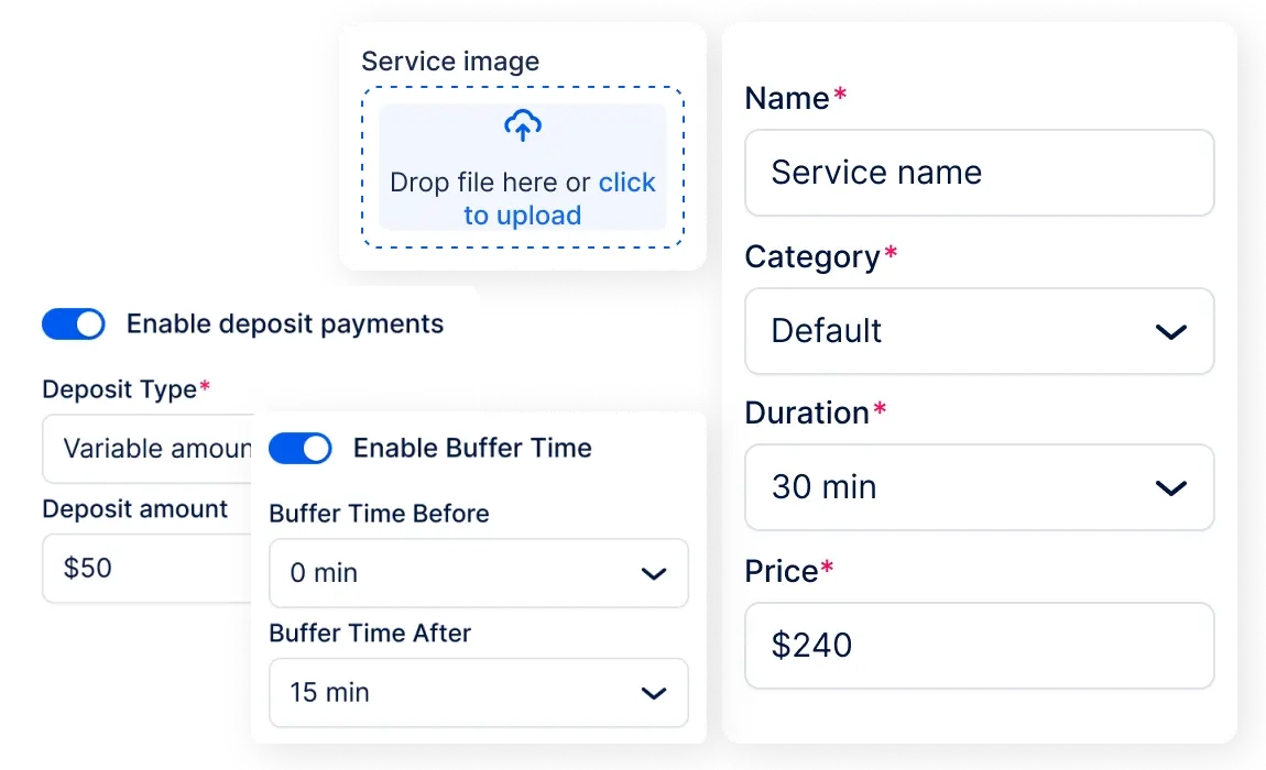 A photo showing options in Trafft to enable deposit payments and to add service buffer time